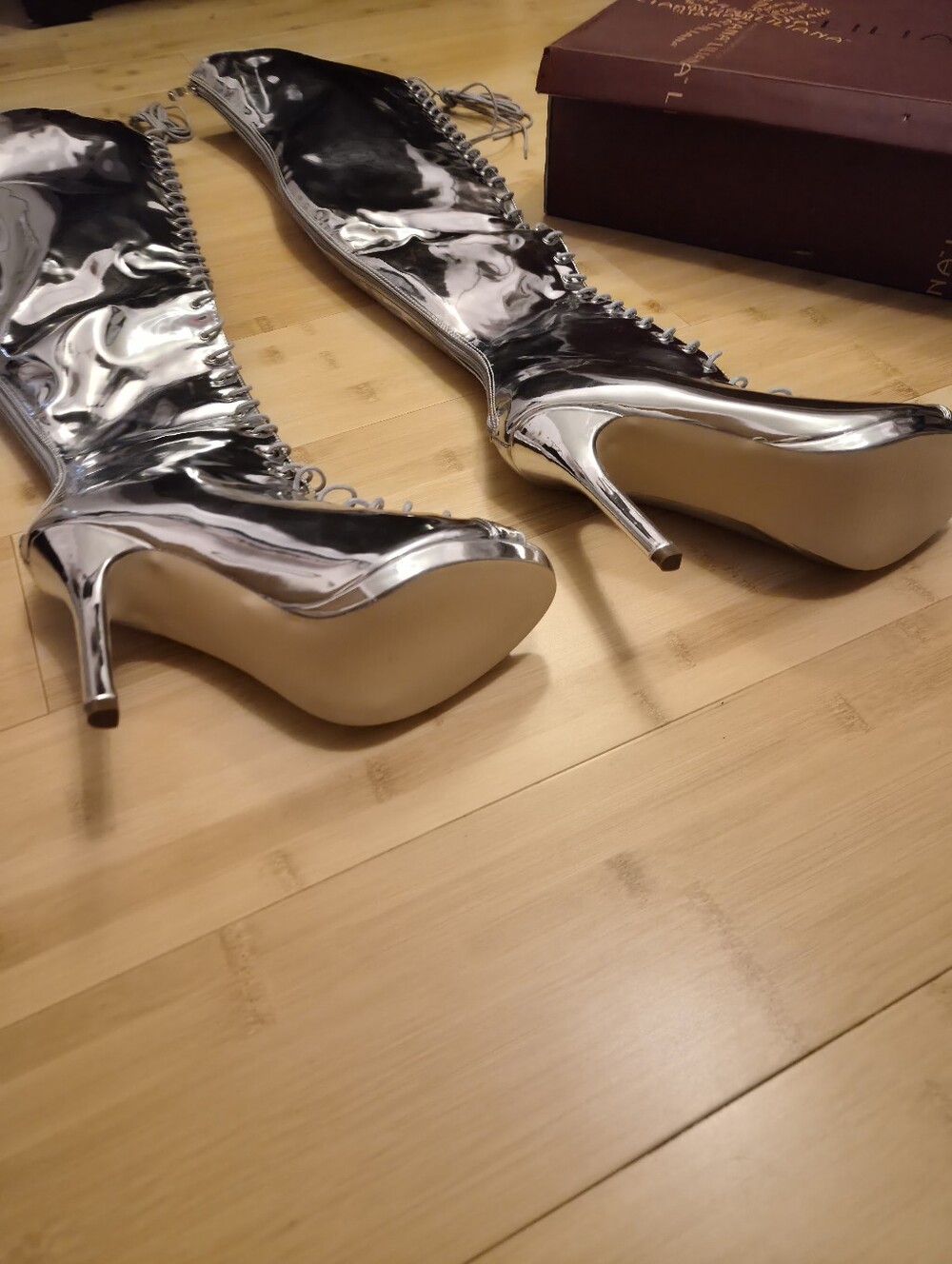 Liliana Silver Metallic Metallic Thigh High Lace Up Peep Toe Stiletto Boots 9 - Picture 12 of 15